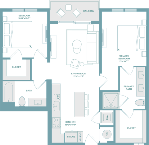 Floor plan for 2 beds, 2 baths, 1038 sqft